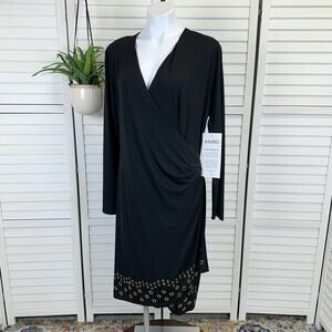 New Ashro Black Faux Wrap Church Dress Grommet Trim Long Sleeve Size XL